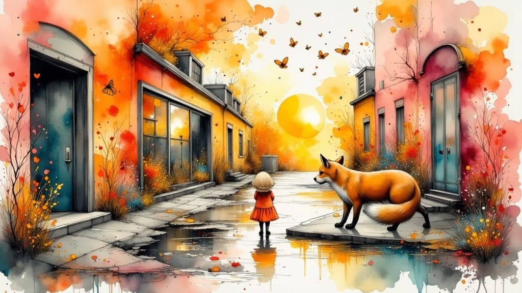 Playful Curiosity: Watercolour Dreamscape in Naive Art Style