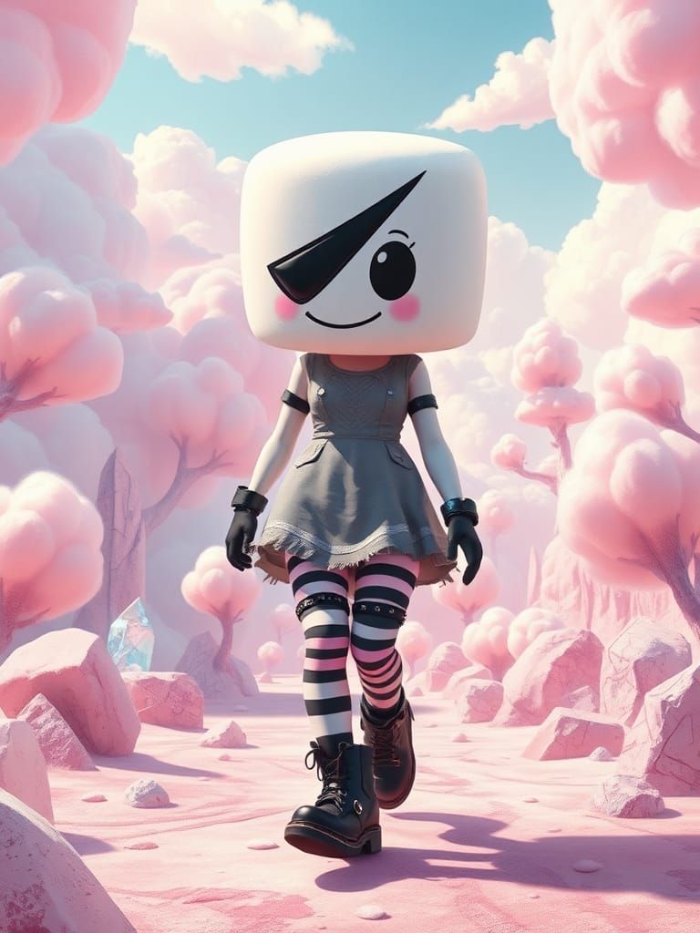 Marshmallow Punk Girl in Candy Fantasy Landscape