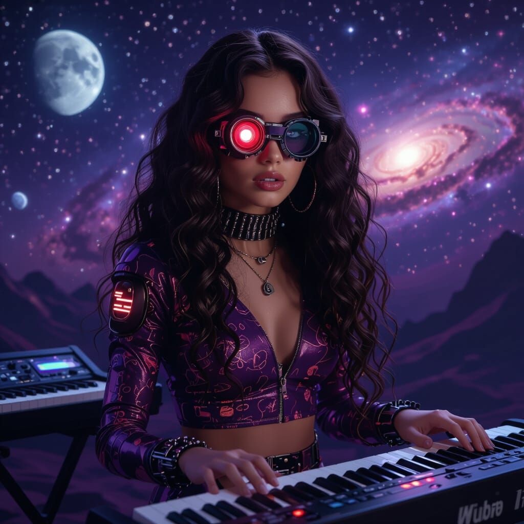 Cyborg Musician in 80s Style Plays Synth Under Galaxy Sky