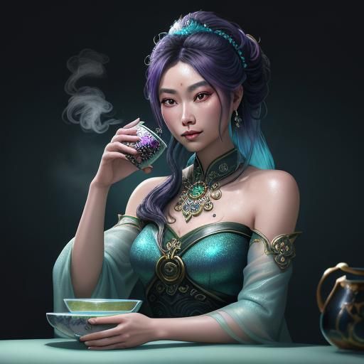 Boba Tea Queen with Gemstone Tea, Fantasy Art