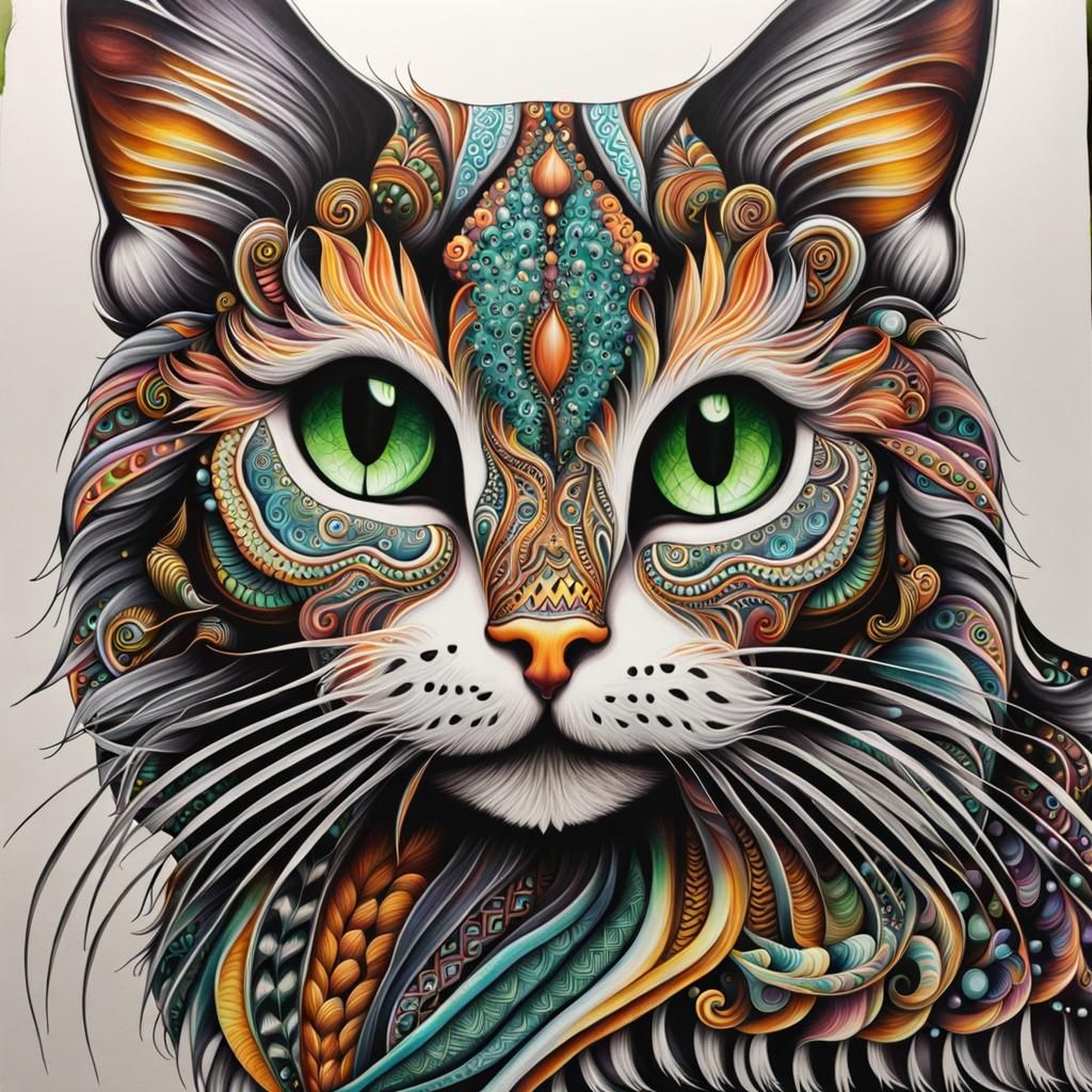 Magnificent Zentangle Cat in Detailed Airbrush Style