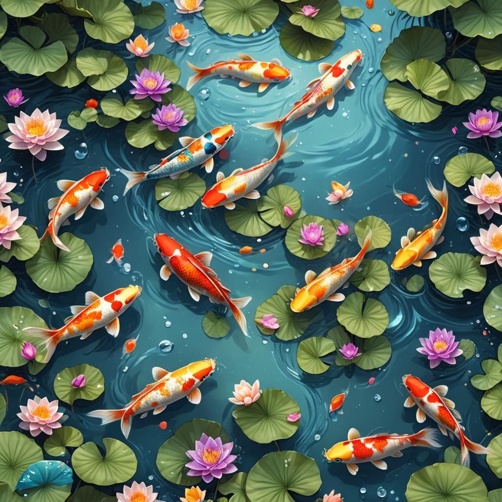 Koi Fish and Lotus Flowers in Clear Water