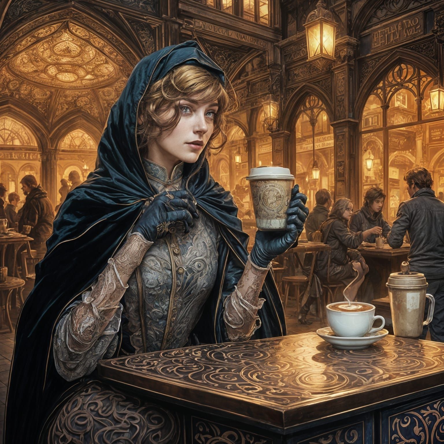 Italian Barista Serving Latte: Dark Fantasy Concept Art