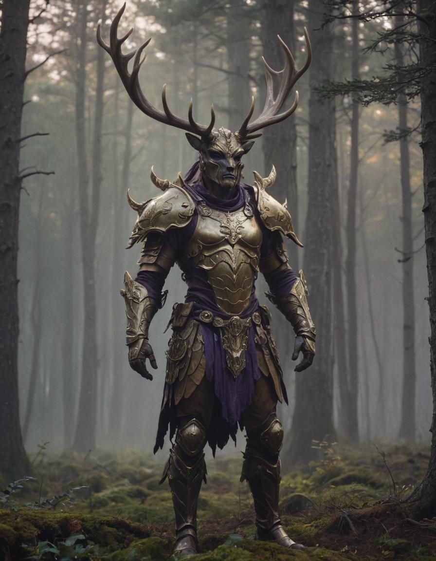 Caribou Warrior in Misty Woods, Dark Fantasy Style