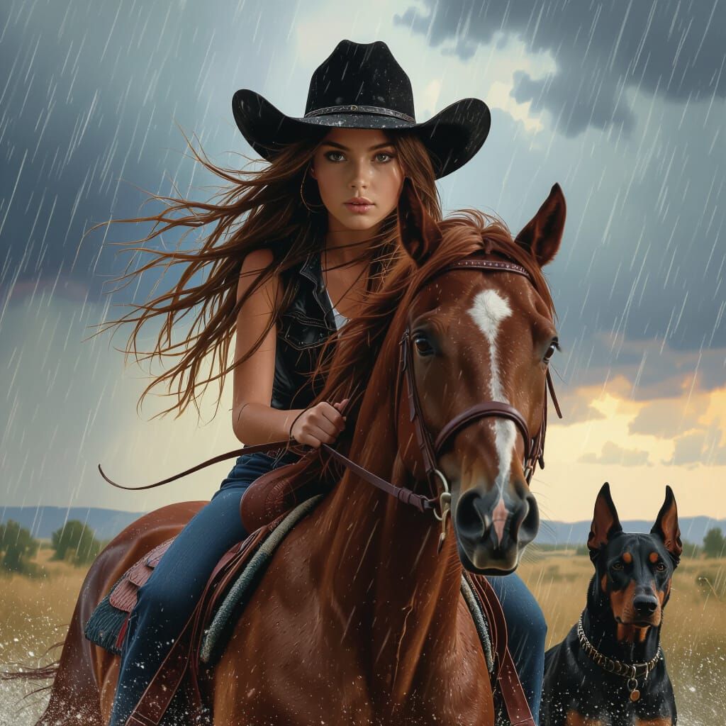 Girl on Arabian Horse in Rainstorm, Photorealistic Style
