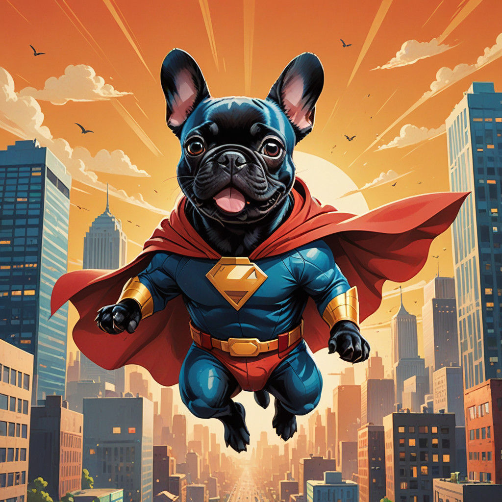 French Bulldog Superhero in Vibrant Cityscape