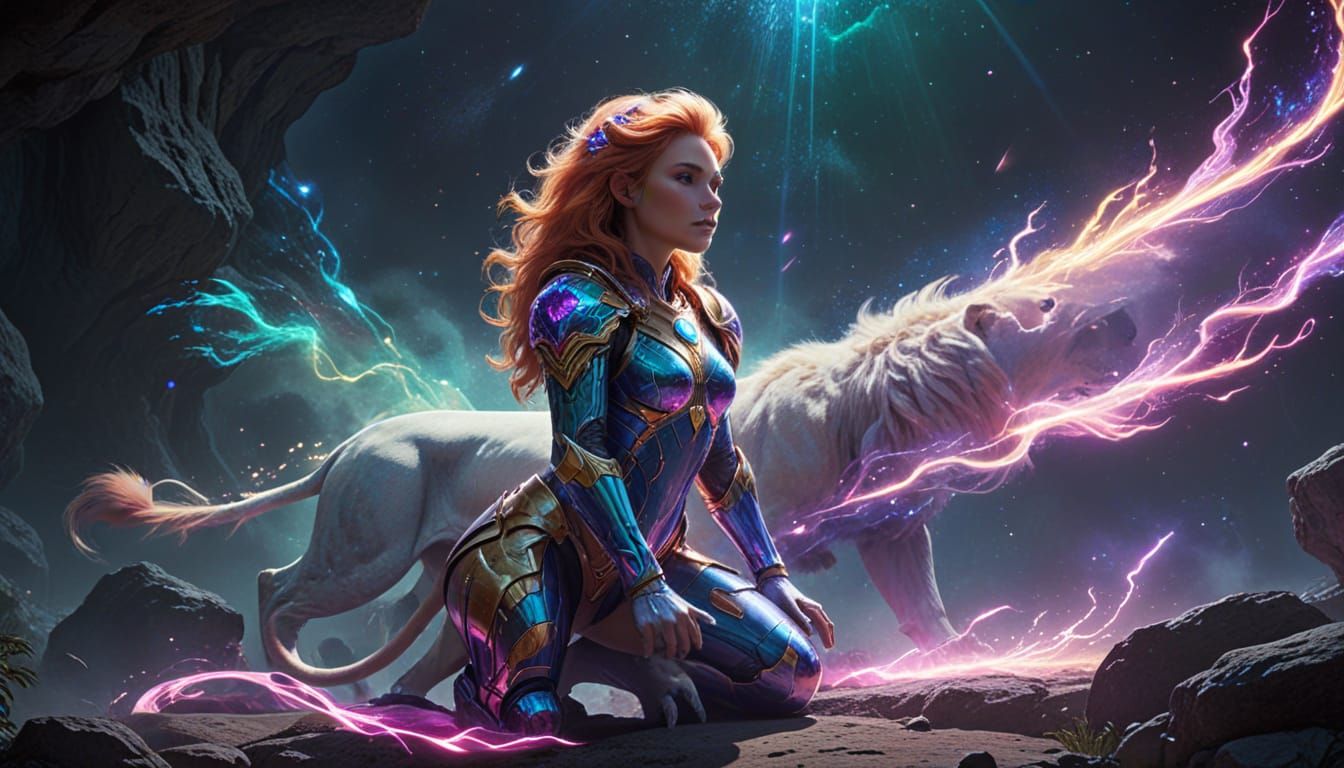 Cyberpunk Princess with Radiant Lion