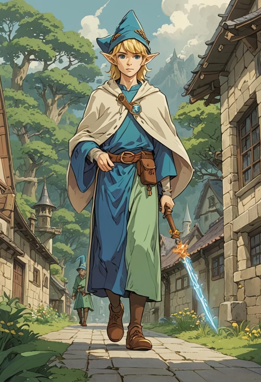 Blonde Half-Elf Wizard in Studio Ghibli Style