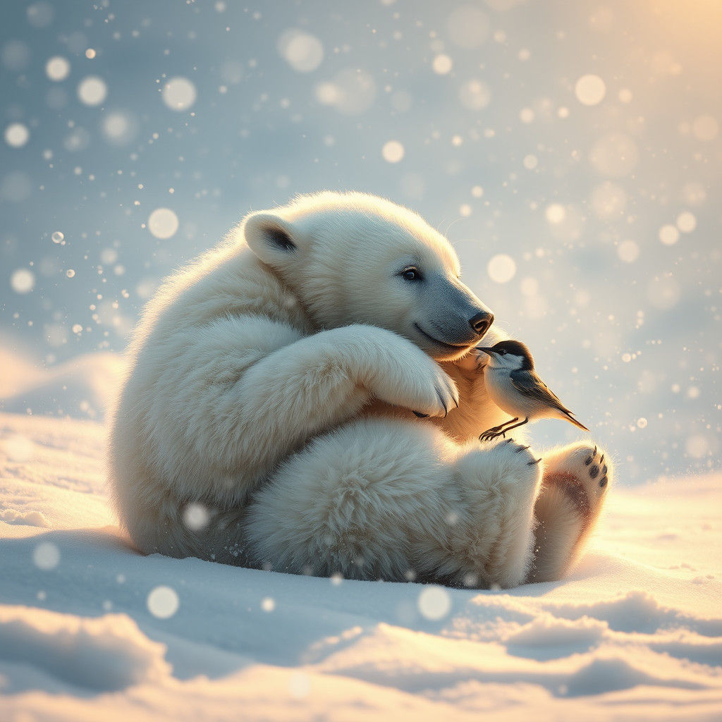 Polar Bear Cub and Snow Martin in Blizzard