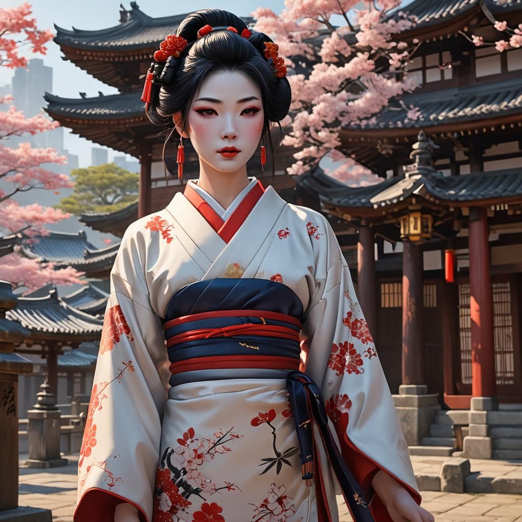 Geisha Girl Outside Pagoda in 3D Anime Style