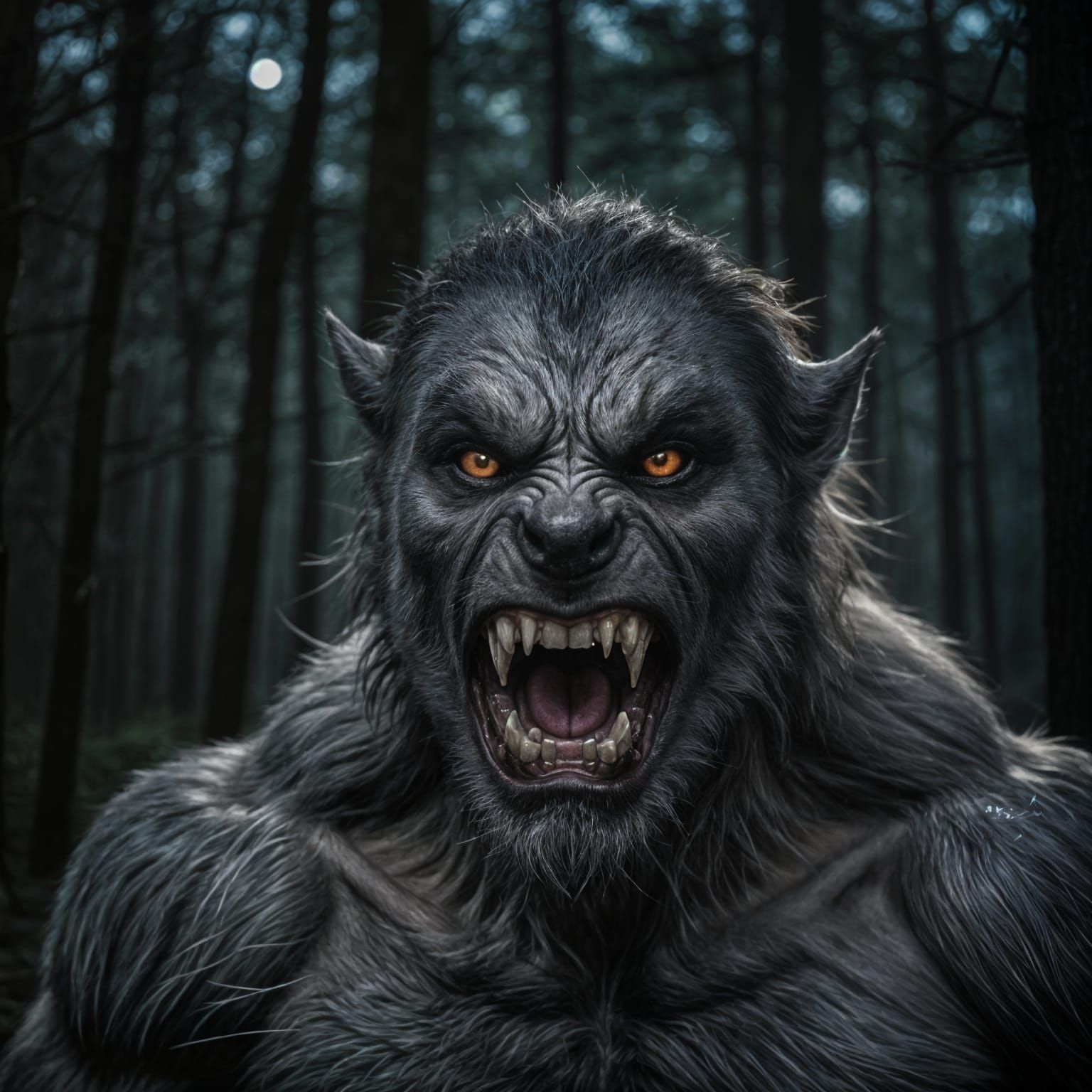 Menacing Grey Werewolf Portrait Under Full Moon