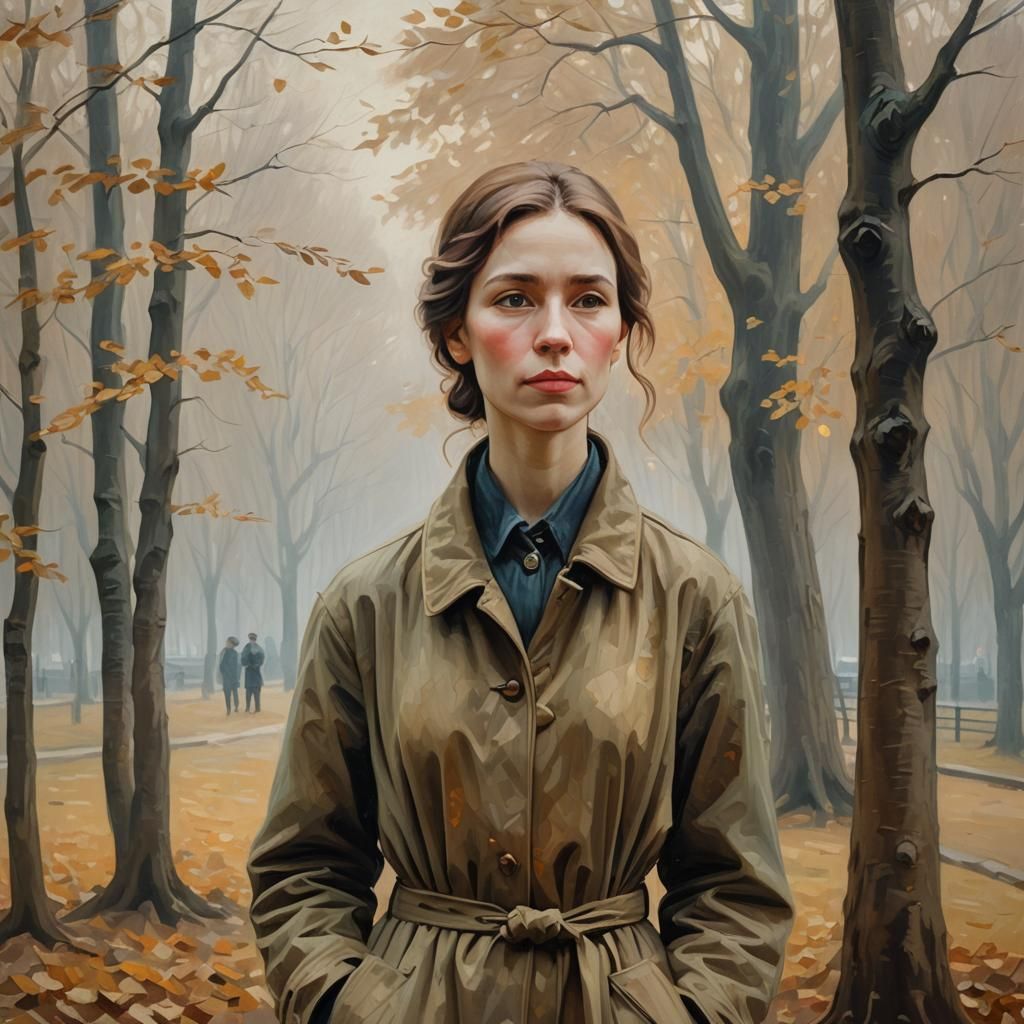 Woman in Foggy Park, Golden Impressionist Oil Painting