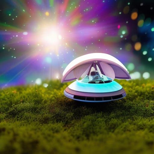 Miniature UFO Spaceship in Meadow Macro Photograph