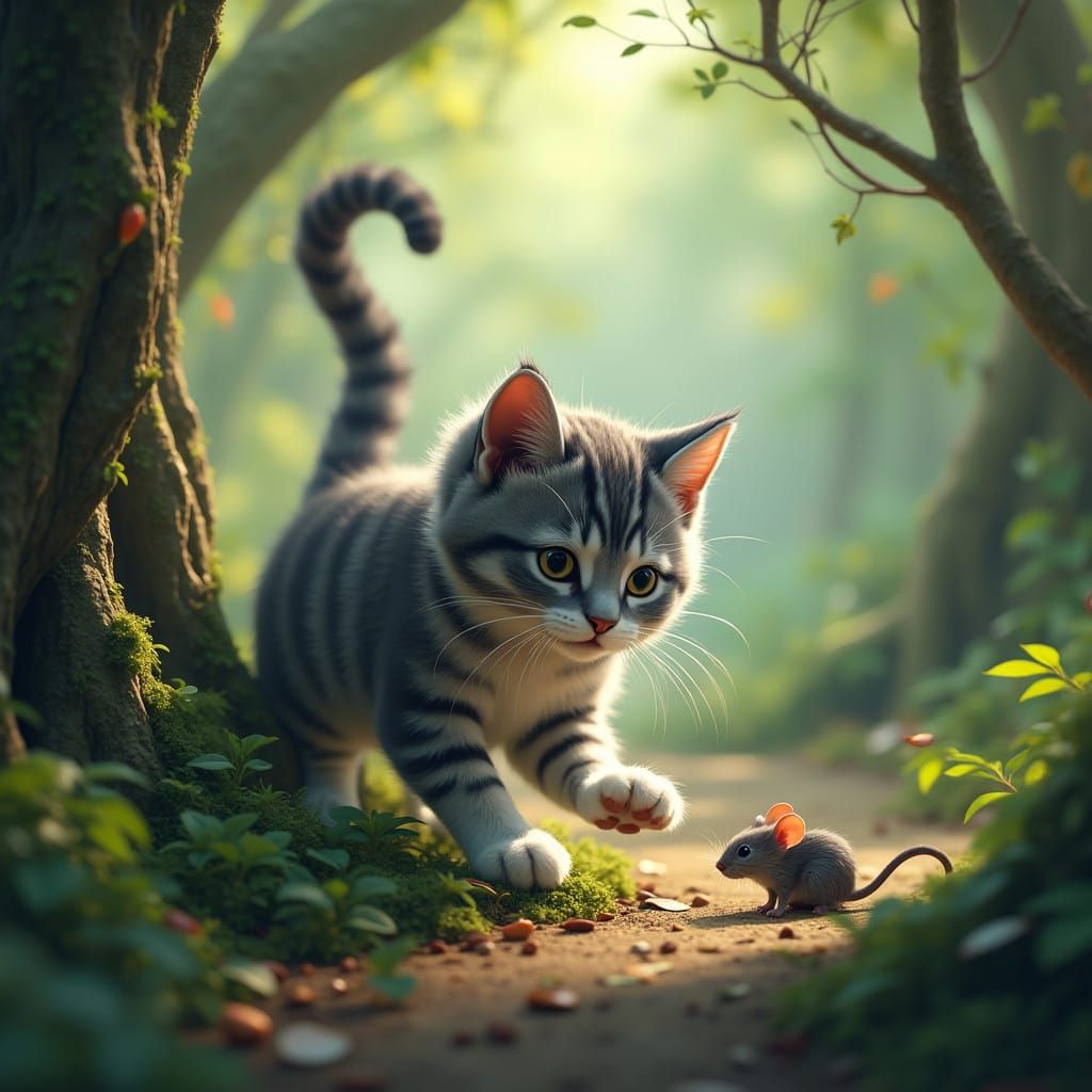 Whimsical Forest Cat Plays with a Mouse in a Vibrant Fantasy...