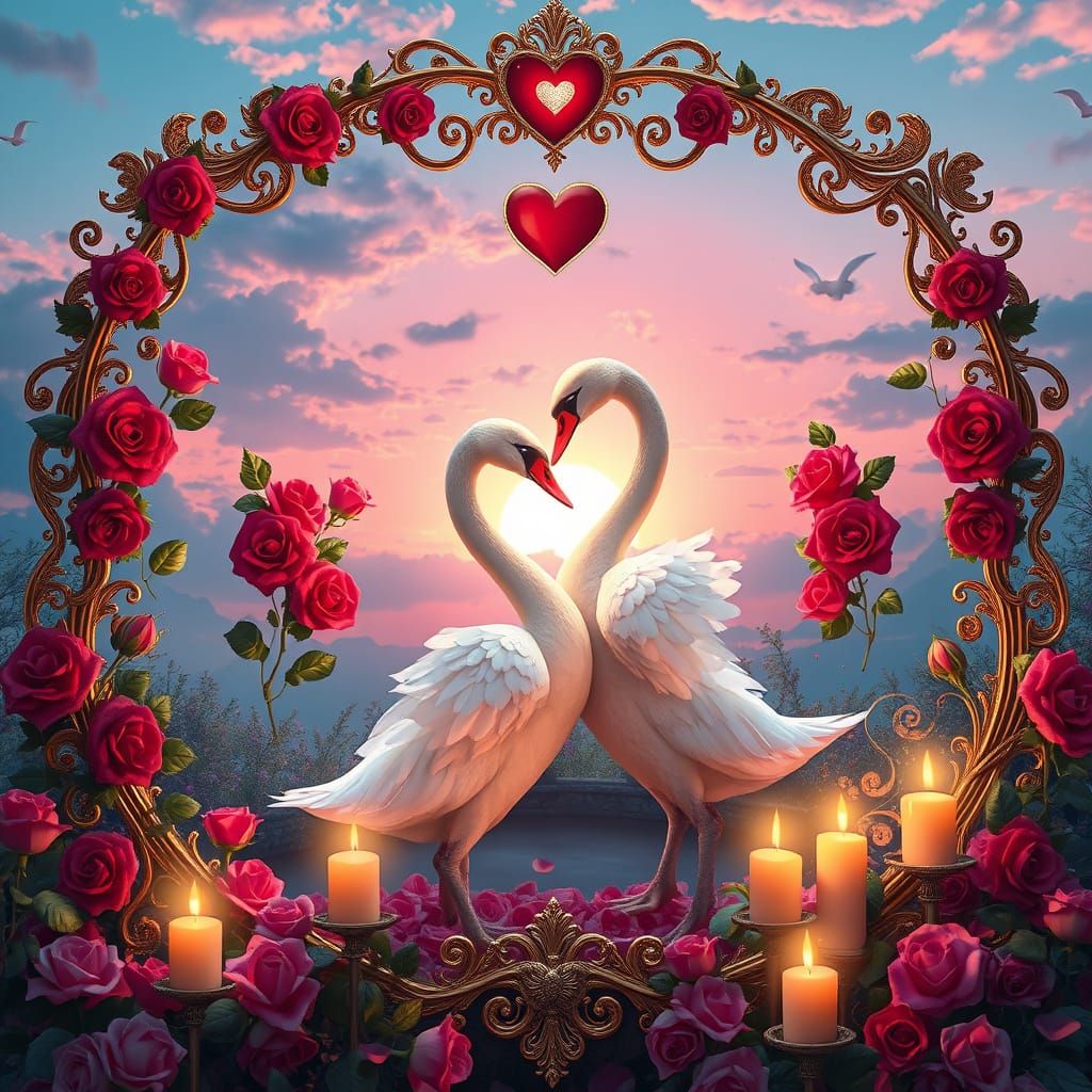 Whimsical Valentine's Day Scene in Dreamlike Sunset Landscap...