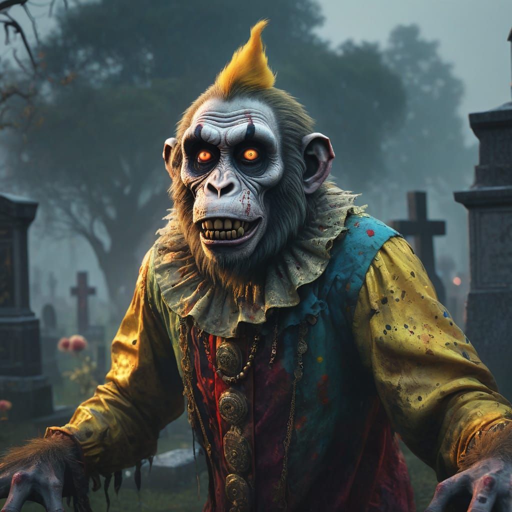 Zombie Monkey Clown in Misty Graveyard: Dark Fantasy