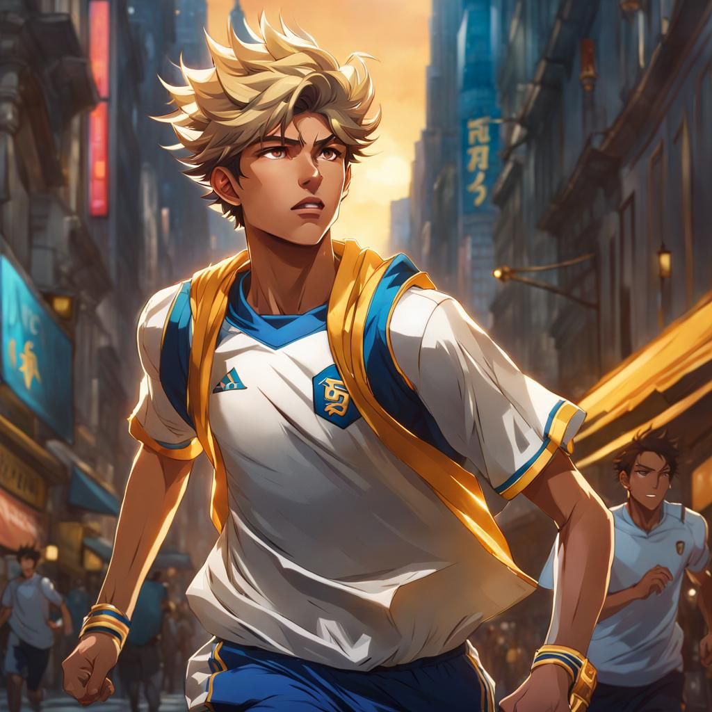 Anime Teenager Running Through City Street, Manga Style
