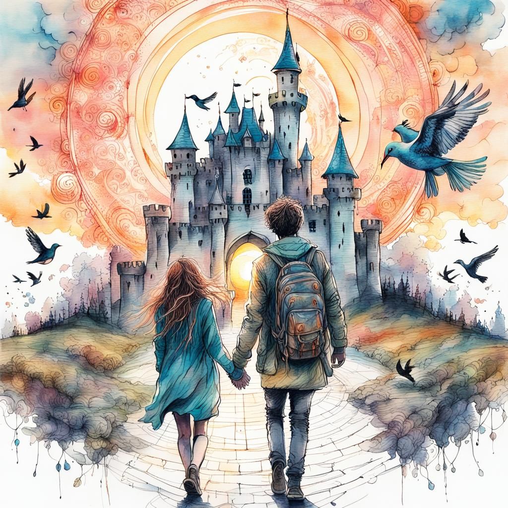 Whimsical Castle Sunset: Fantasy Zentangle Art