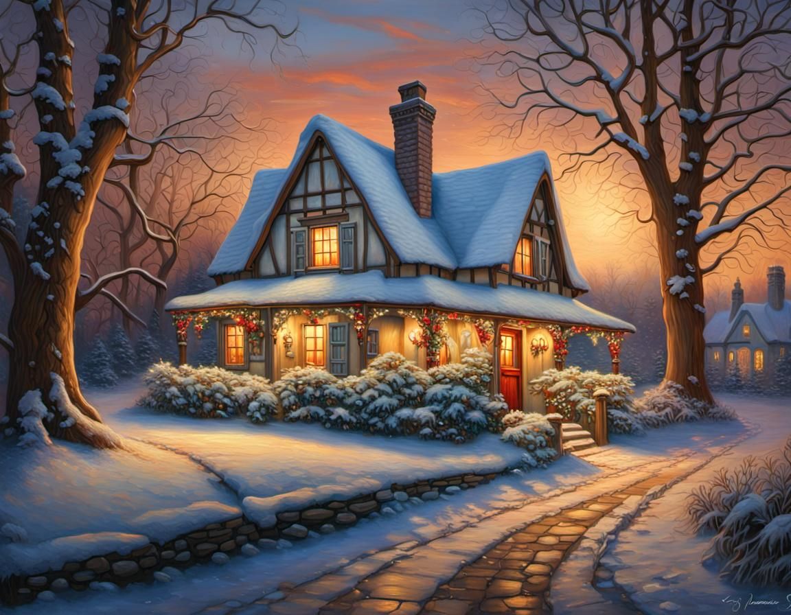 Fairytale Cottage in Winter Wonderland Twilight