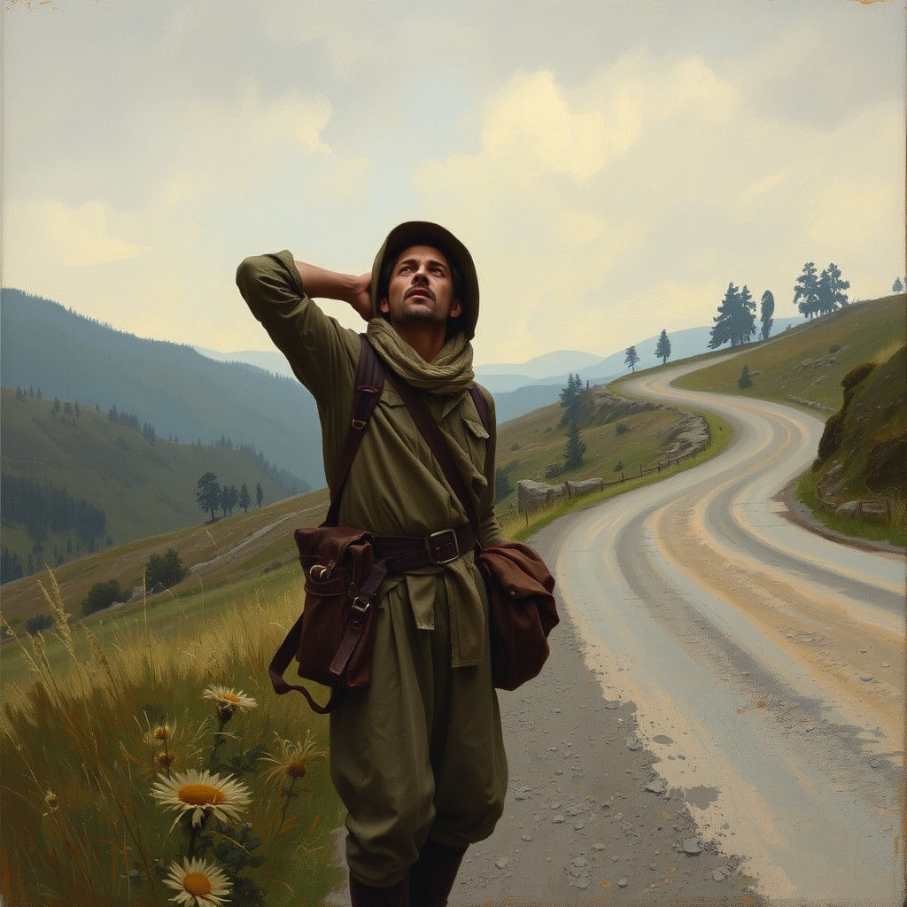 Weary Traveler Pauses on Winding Road