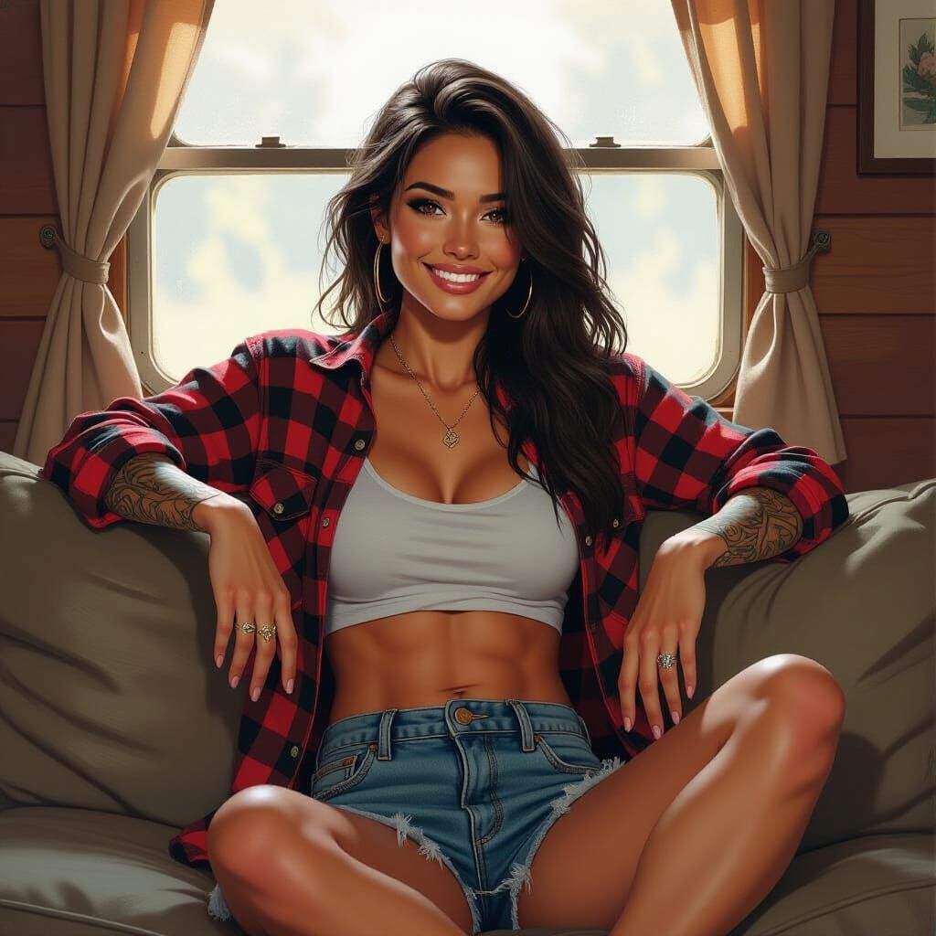 Hyper-Realistic Portrait of Relaxing Tattooed Woman