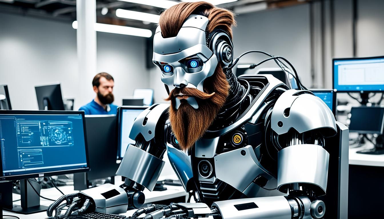 Humanoid Robot with Beard Working at Computer