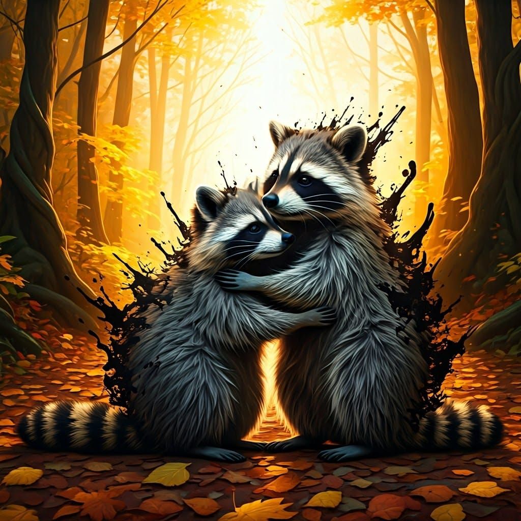 Raccoons Embrace in Autumn Forest with Ink Splatters