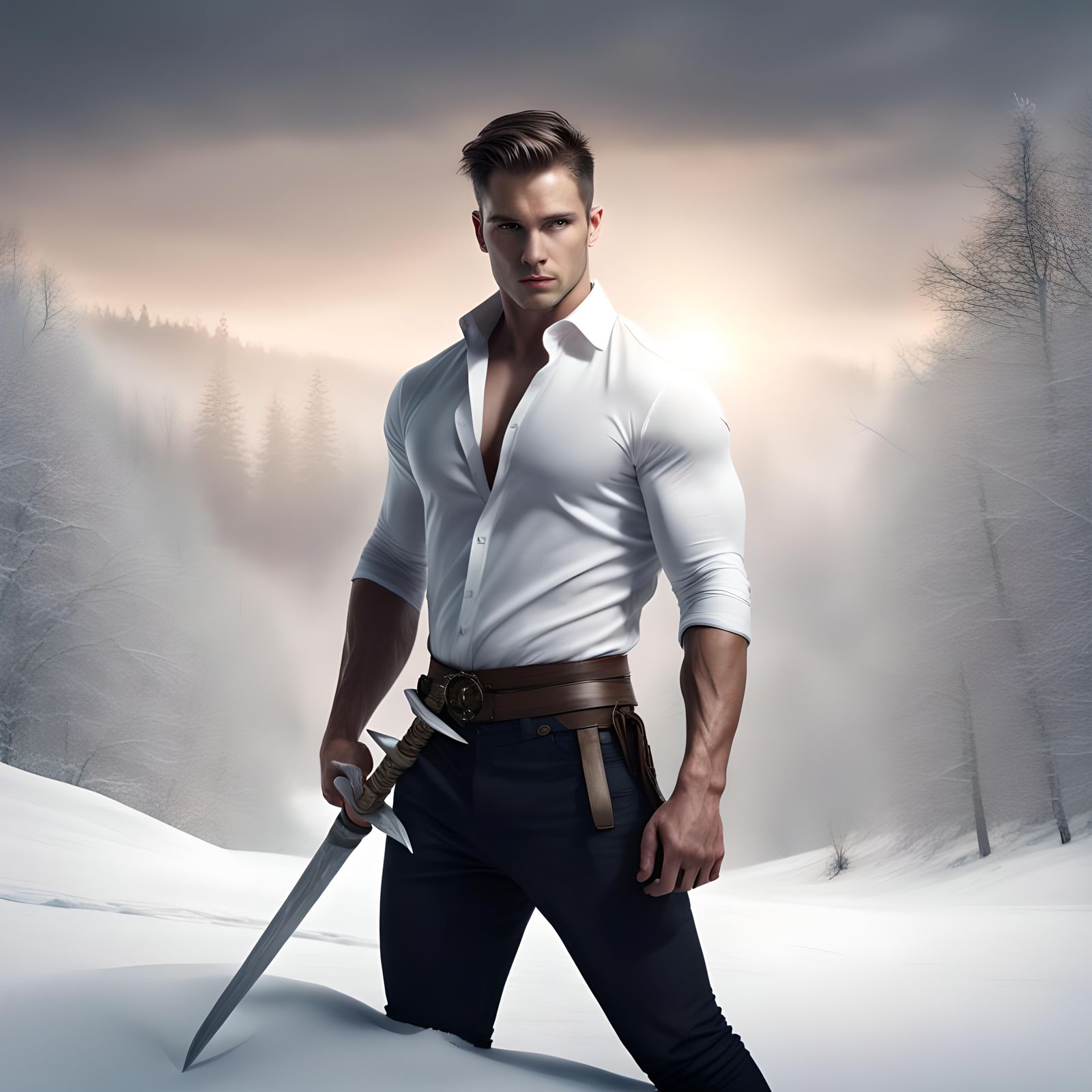 Sensual Warrior with Sword in Snowy Landscape