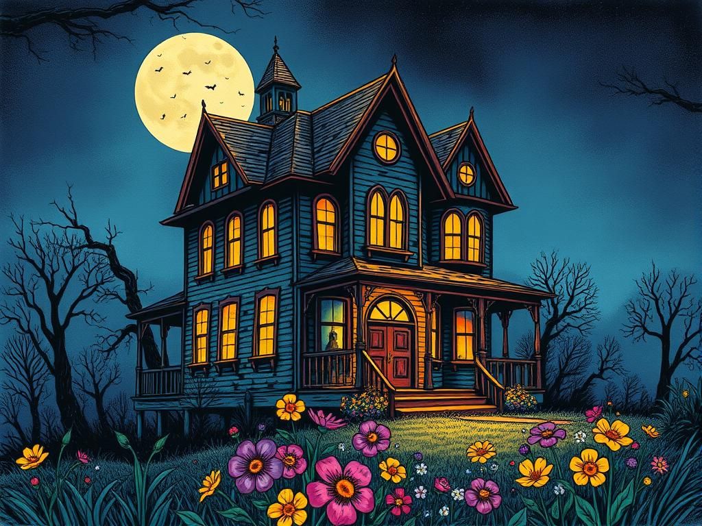 Colorful Ink Drawing of Haunted House with Flowers