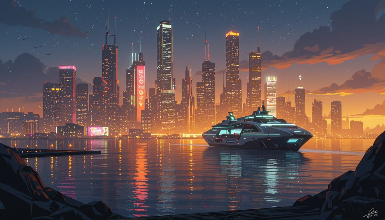 Cyberpunk Cityscape at Night: Golden Glow