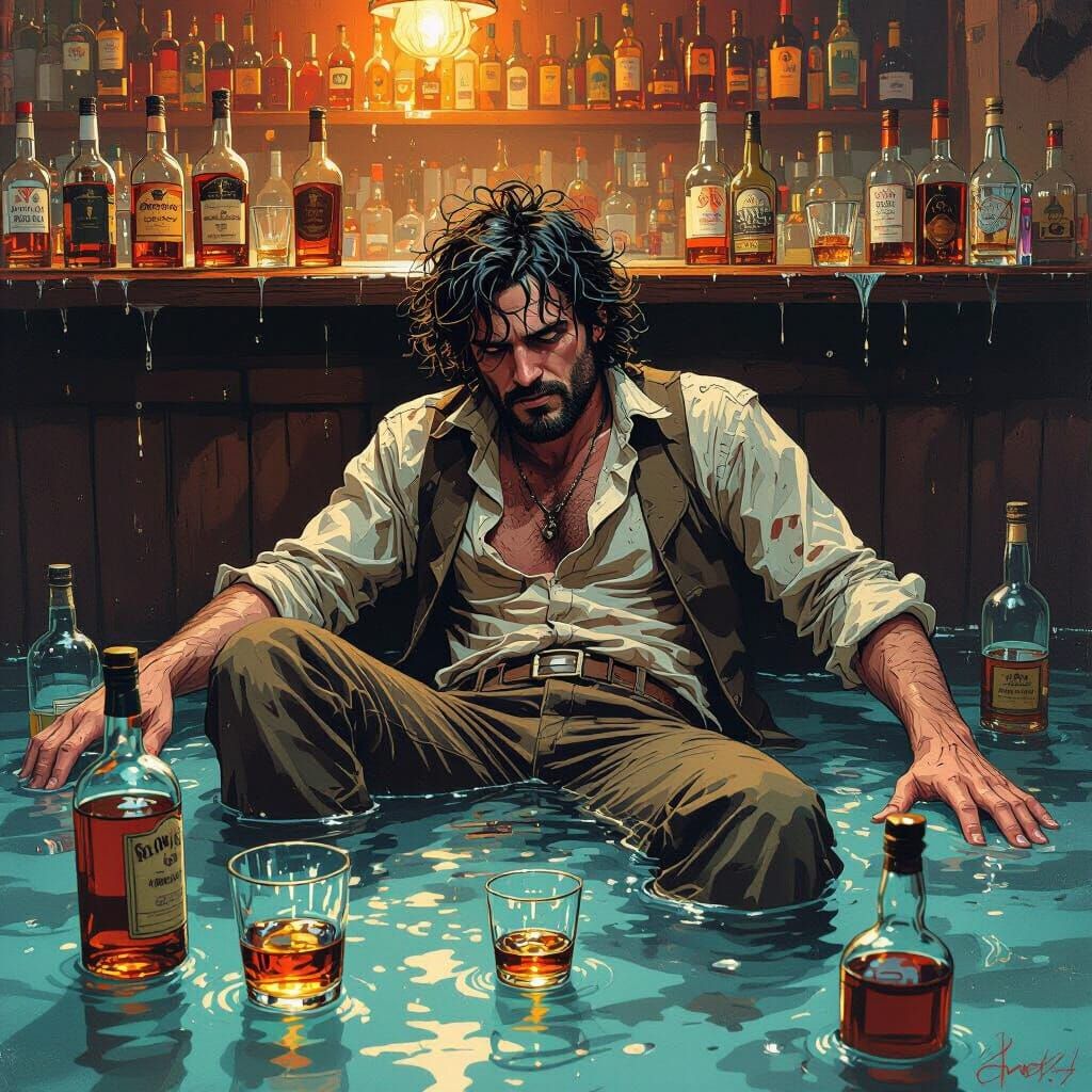 Dystopian Figure Swimming in a Sea of Liquor