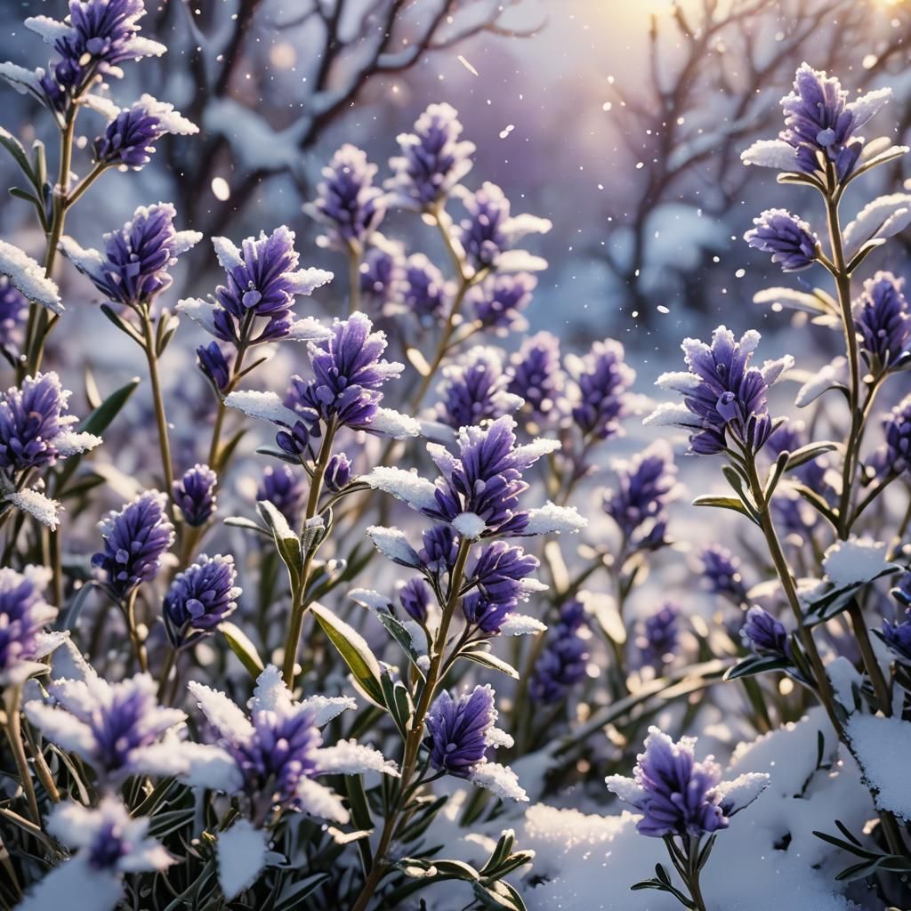 Radiant Lavender Flowers in Snowy Anime Style