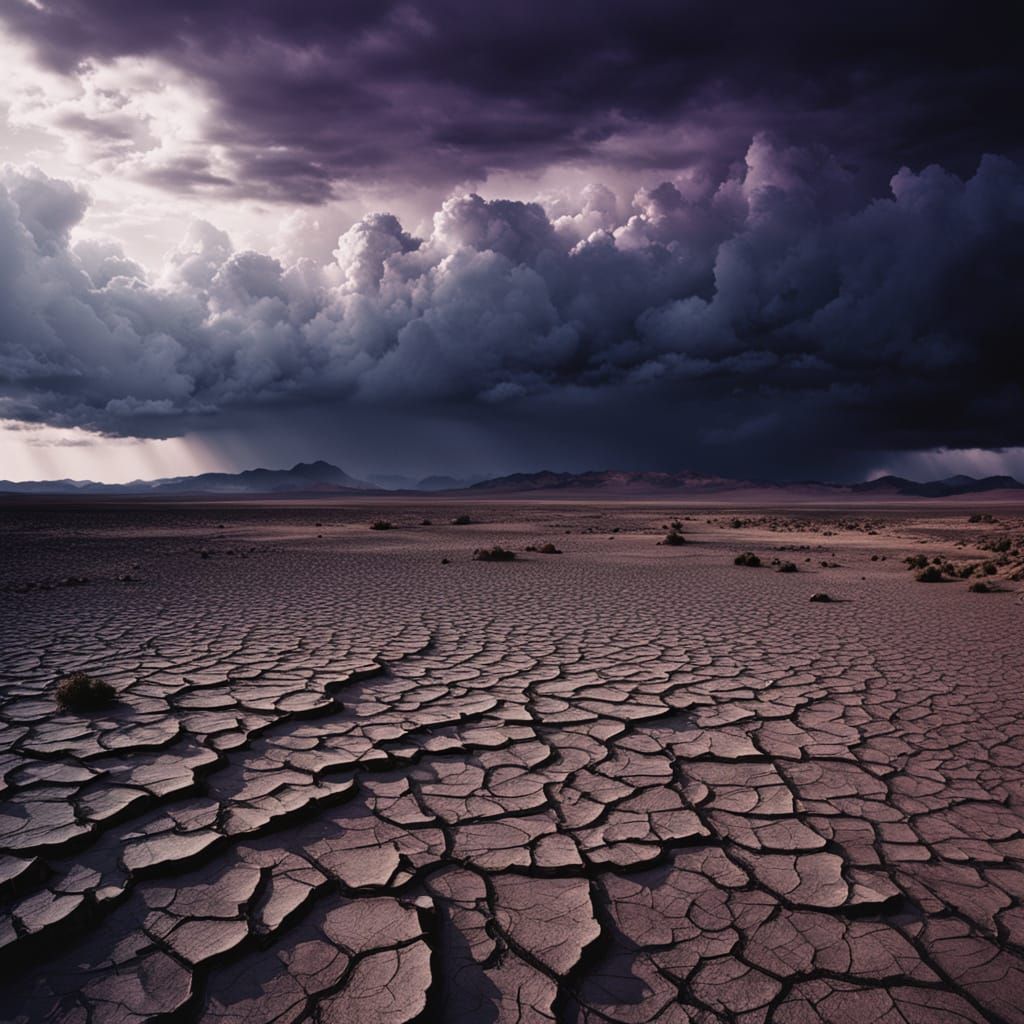 Eerie Dystopian Desert Under Ominous Clouds