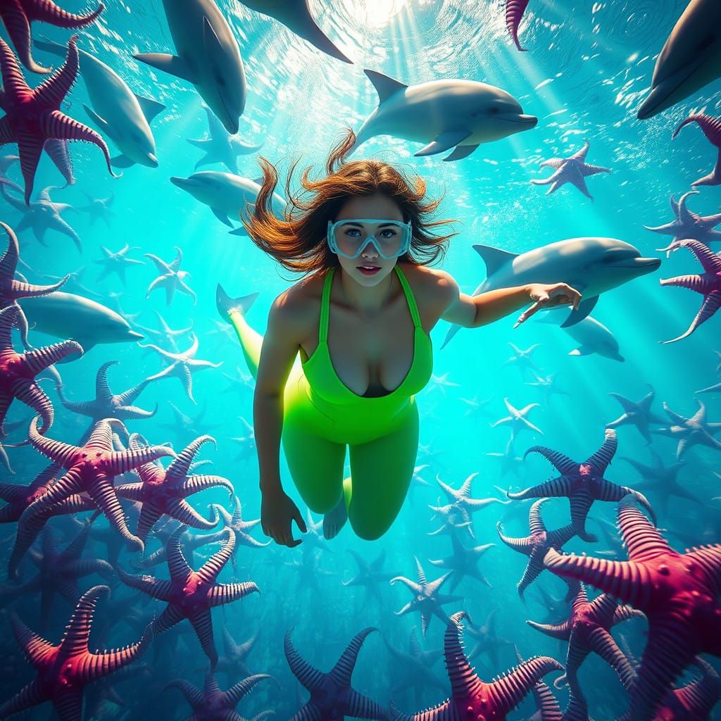 Sleek Diver Surrounded by Dolphins and Starfish in Vibrant A...