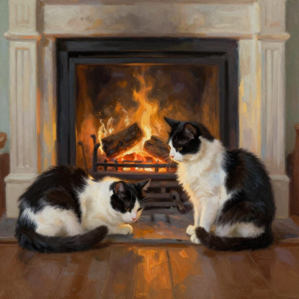 Cats Wake by Firelight in Painterly Style