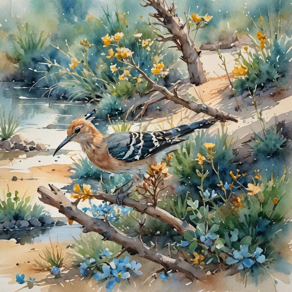 Watercolor Hoopoe Bird on Desert Plant