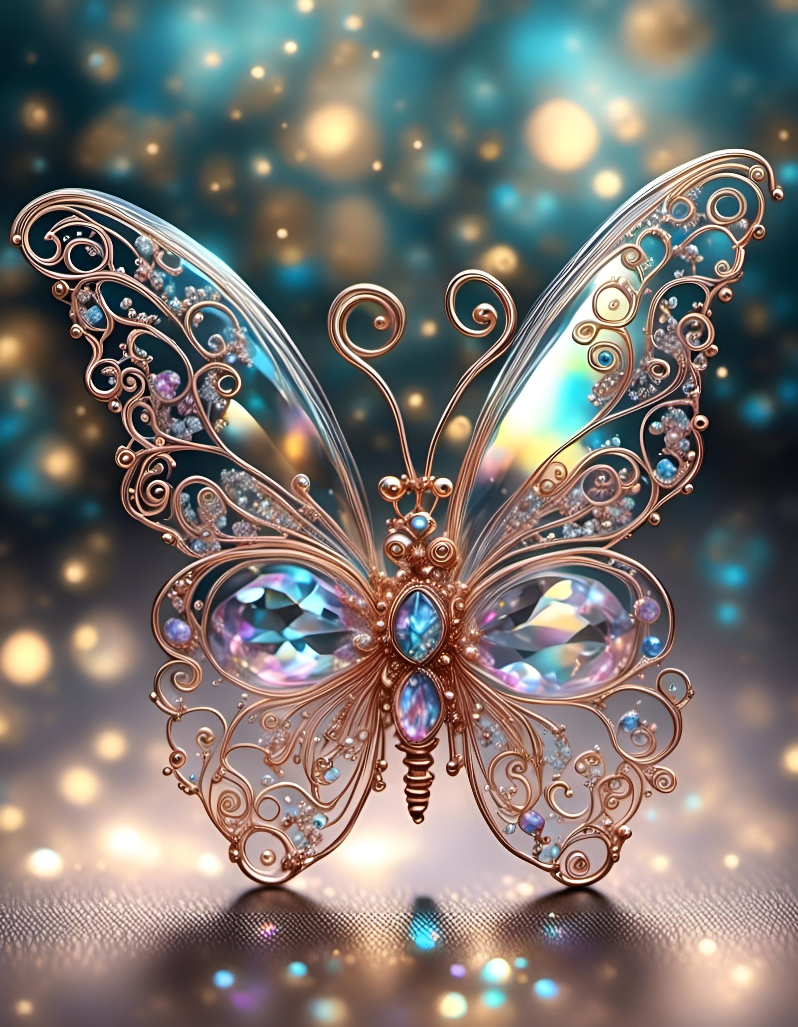 Glass Butterfly on Rose, Iridescent Hyperrealism