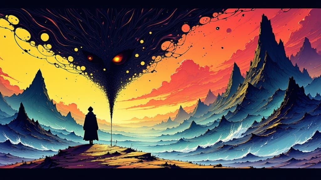 Madness in Jagged Mountains Under Psychedelic Sky