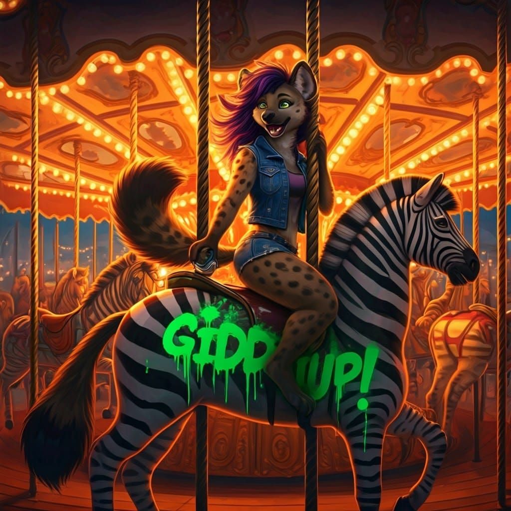 Vibrant Carnival Scene with Regal Zebra and Joyful She-Hyena