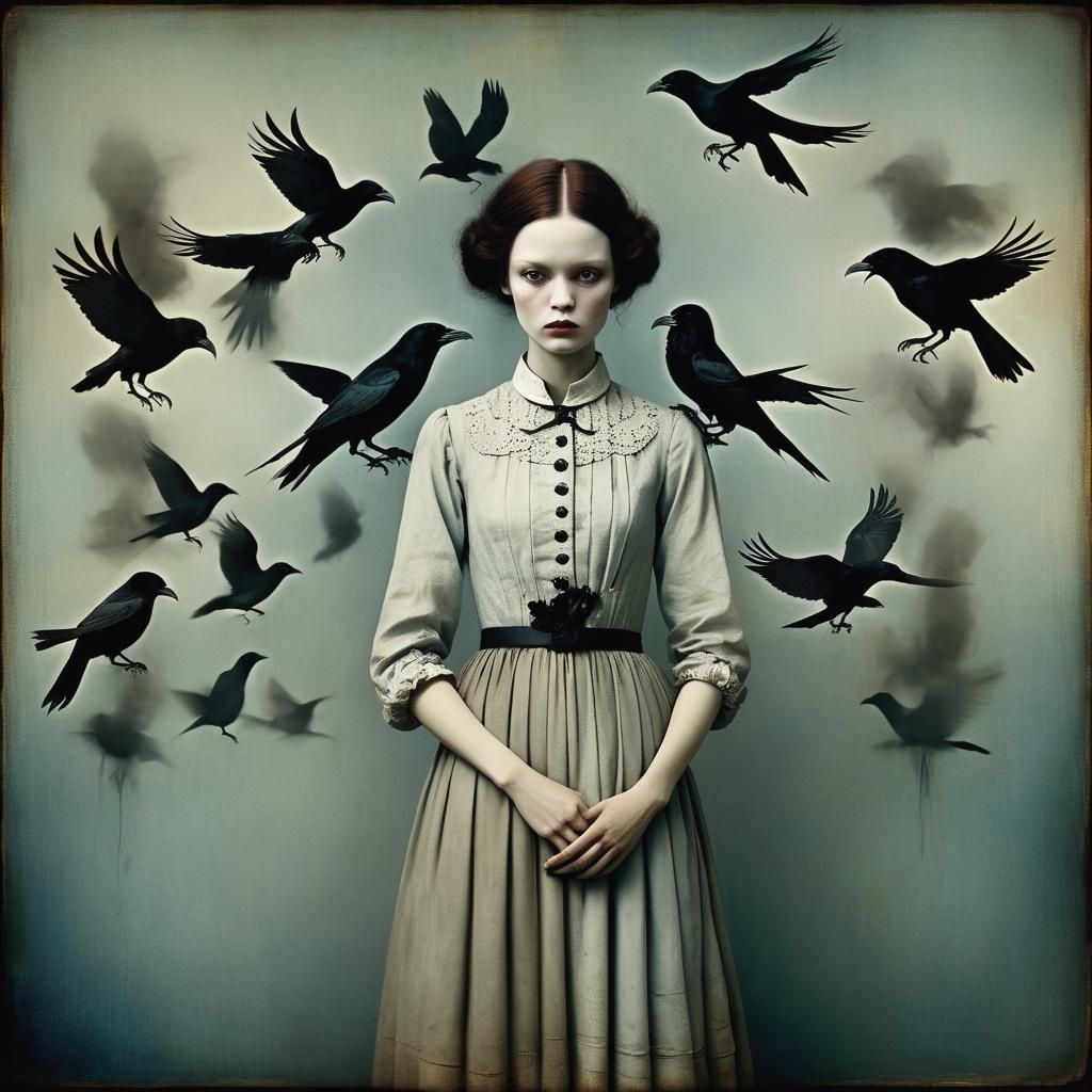 Ravens Insult Woman: Surreal Dark Art Portrait
