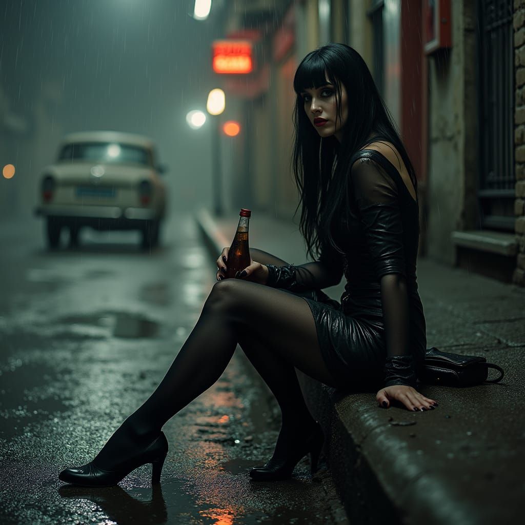 Goth Woman on Wet Curb in Film Noir Style