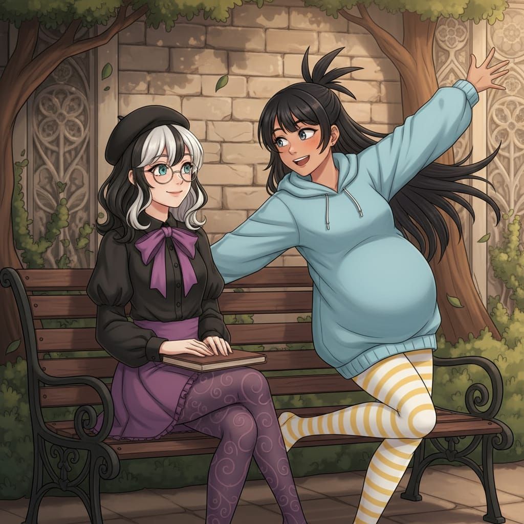 Gothic Anime Style Women on Urban Bench