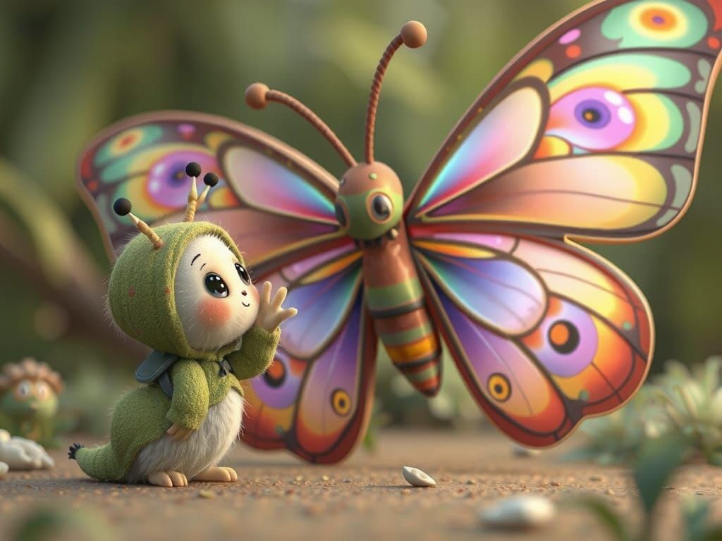 Adorable Caterpillar and Butterfly in a Lush Meadow