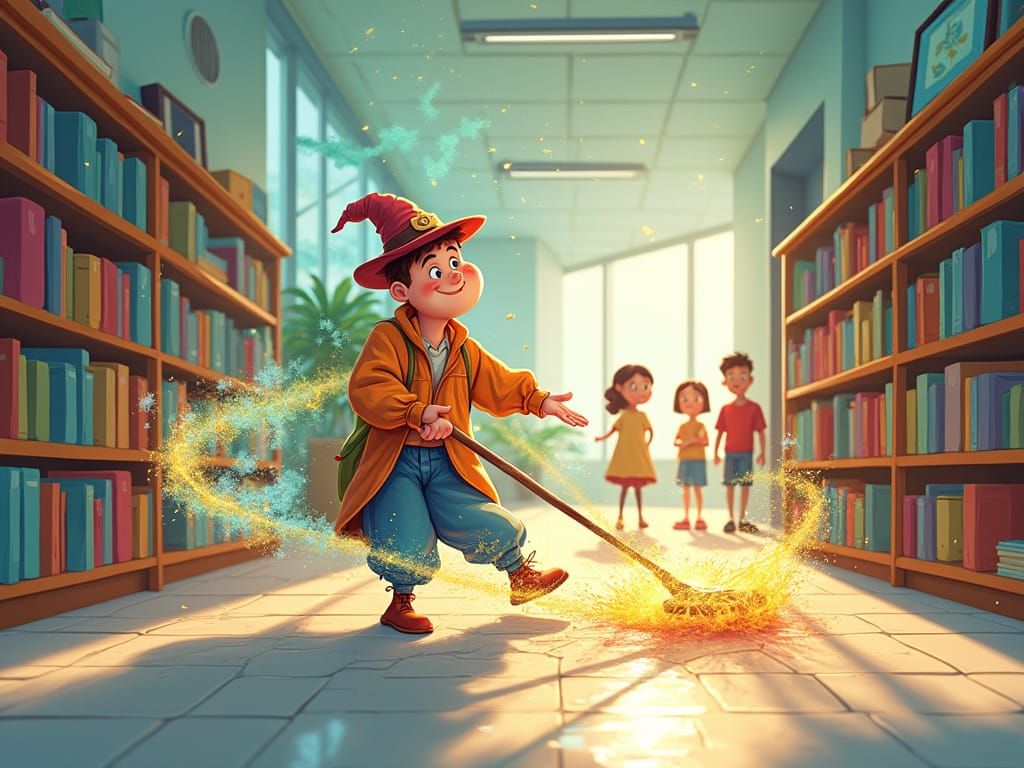 Magical Janitor Cleans Hallway with Shimmering Energy in Chi...
