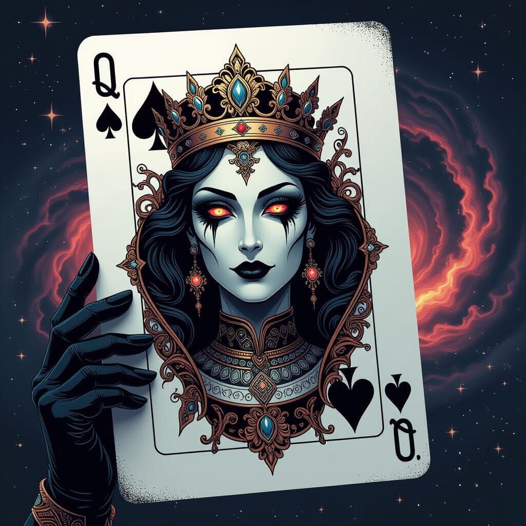 Cosmic Queen of Spades in Hyperdetailed Maximalist Style