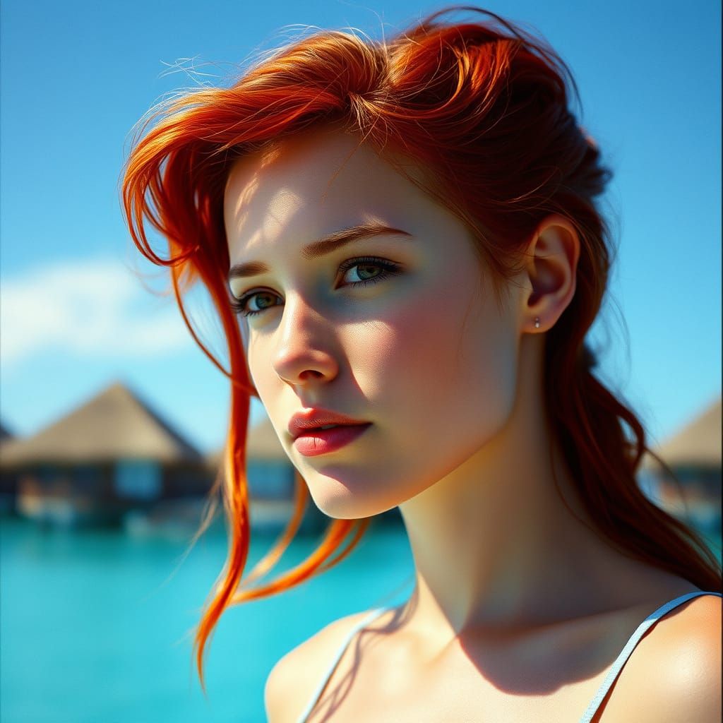 Demure Woman with Red Hair in Bora Bora
