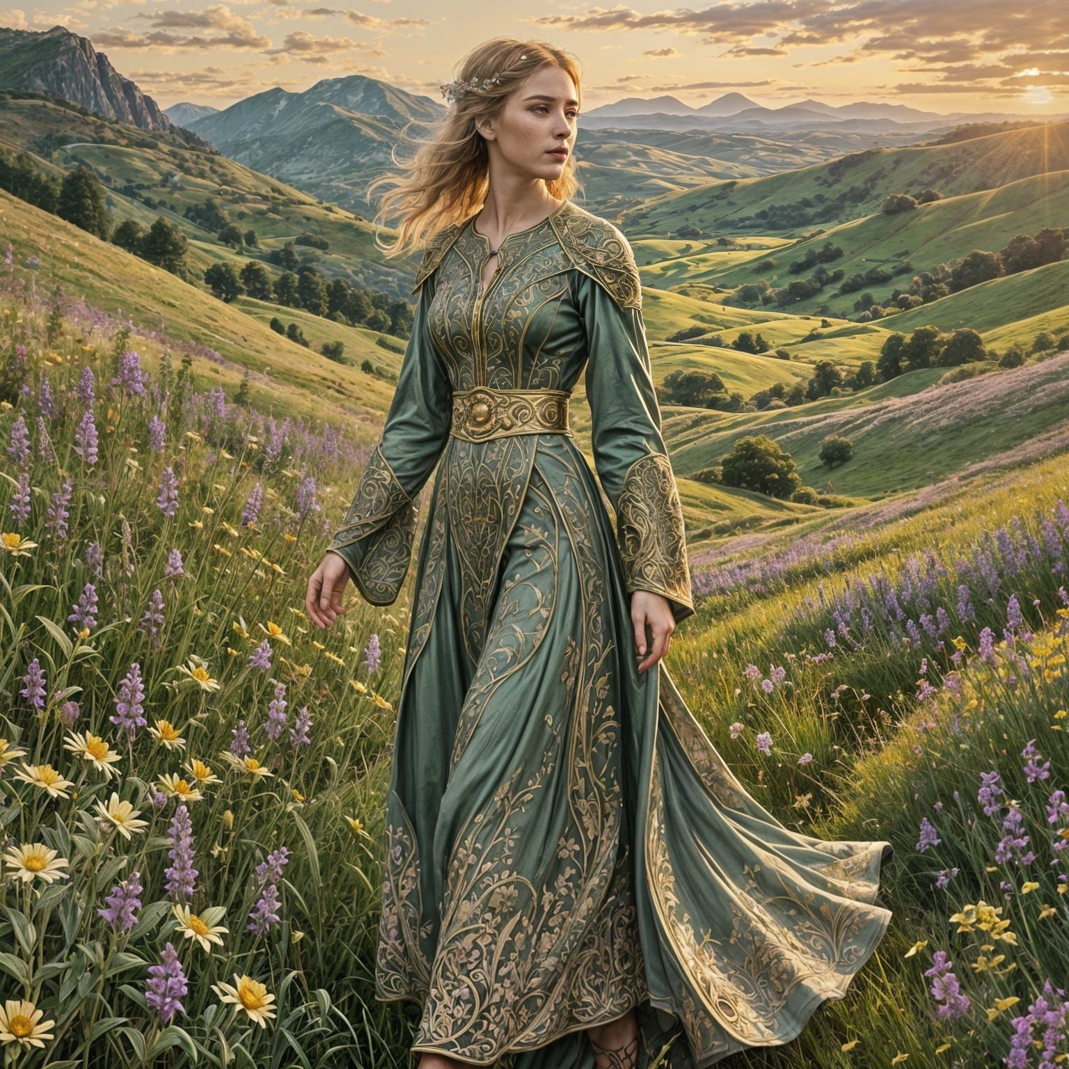 Art Nouveau Woman in Wildflower Field