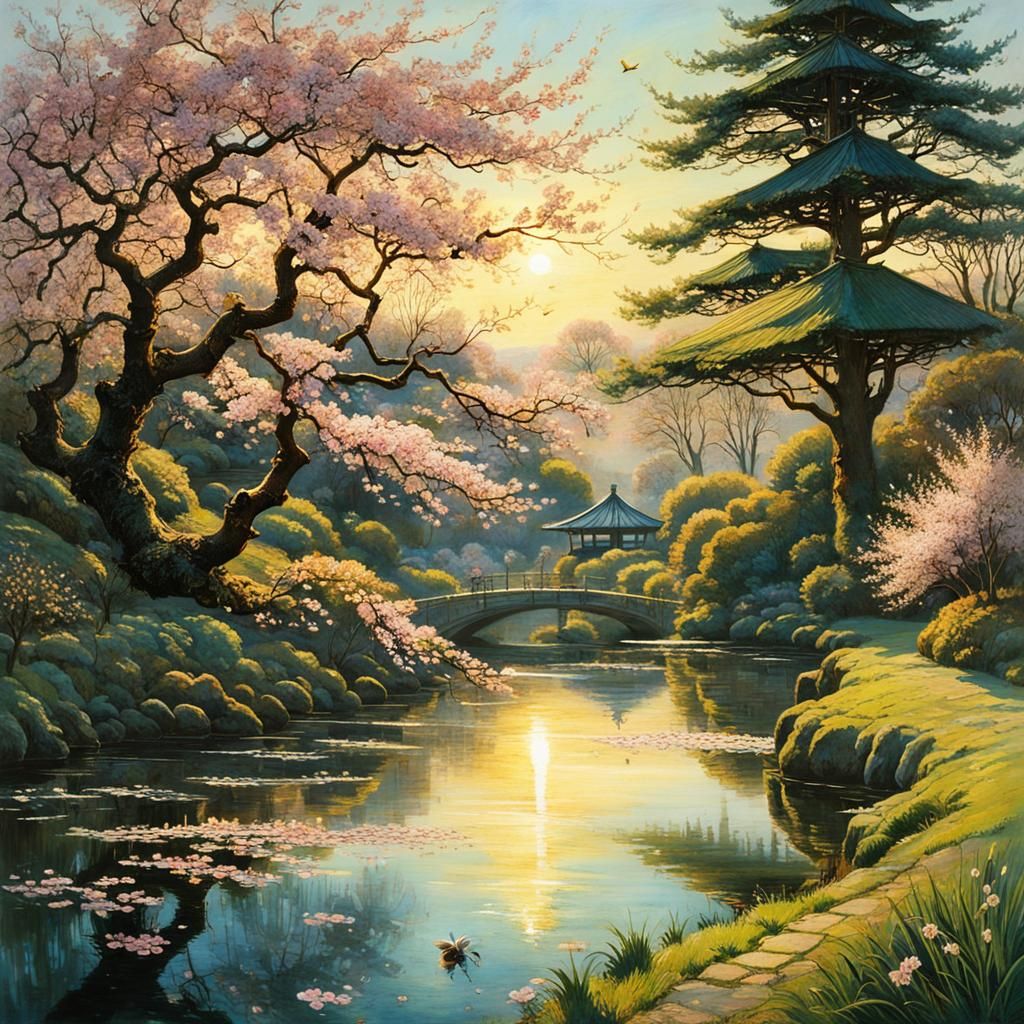 Japanese Garden Sunset with Cherry Blossoms