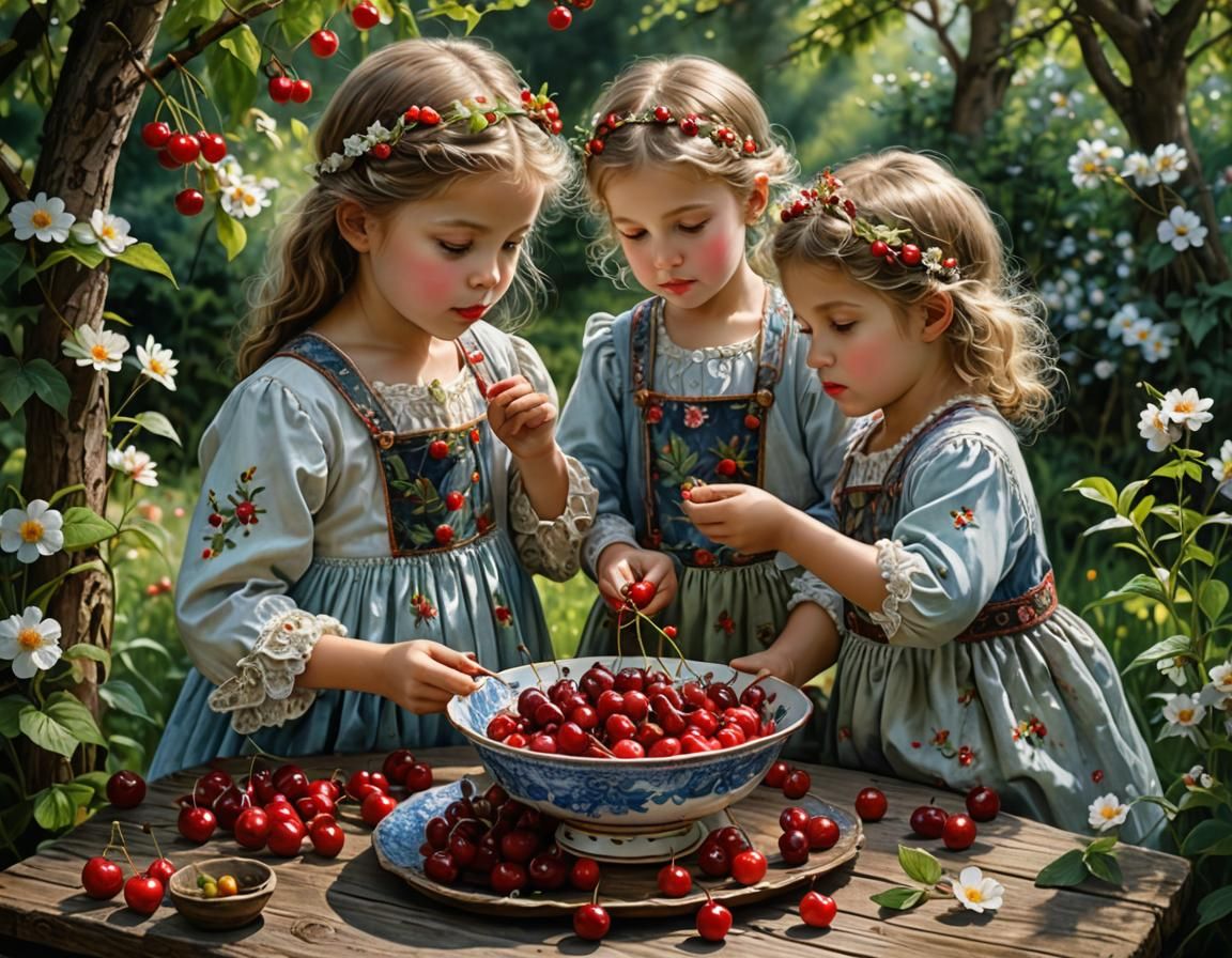 Children Enjoy Cherries from Porcelain Bowl in Whimsical Gar...