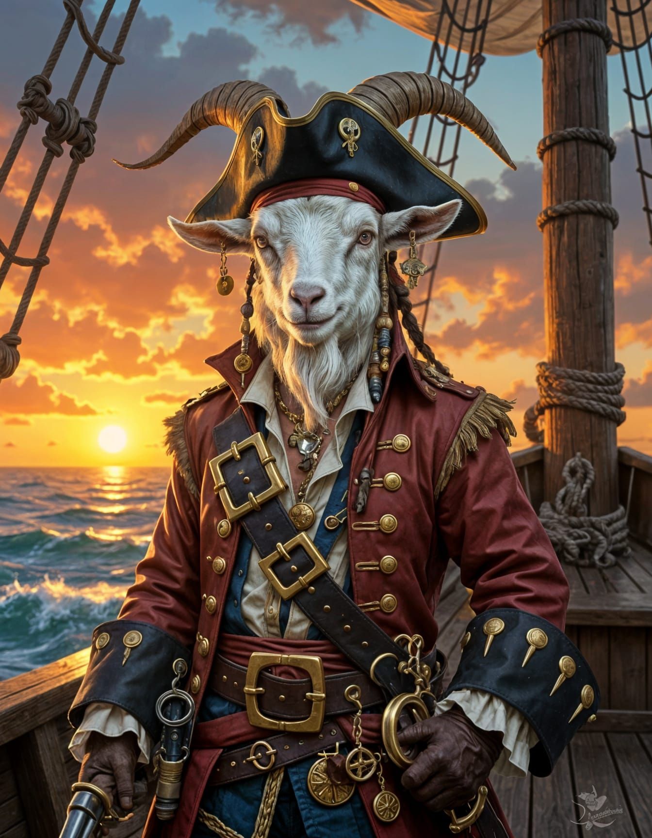 Pirate Goat on Deck at Stormy Sunset